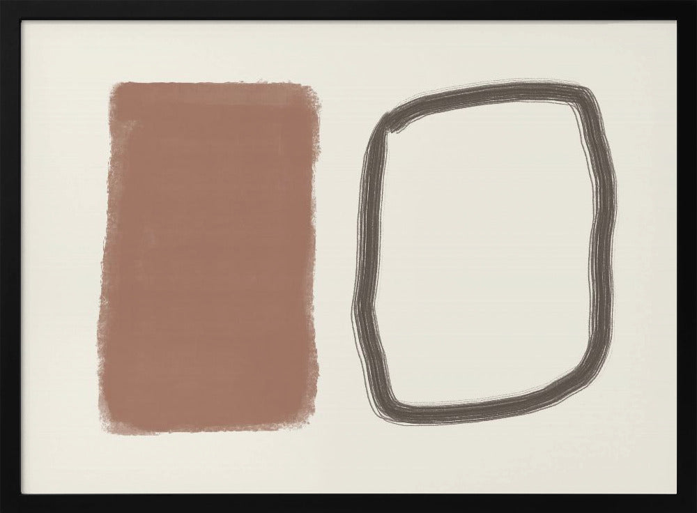 A minimalist abstract artwork in a silver frame, featuring a solid terracotta brown rectangle next to a hand-drawn, rounded rectangular outline in charcoal grey, both set against a cream background. Poster