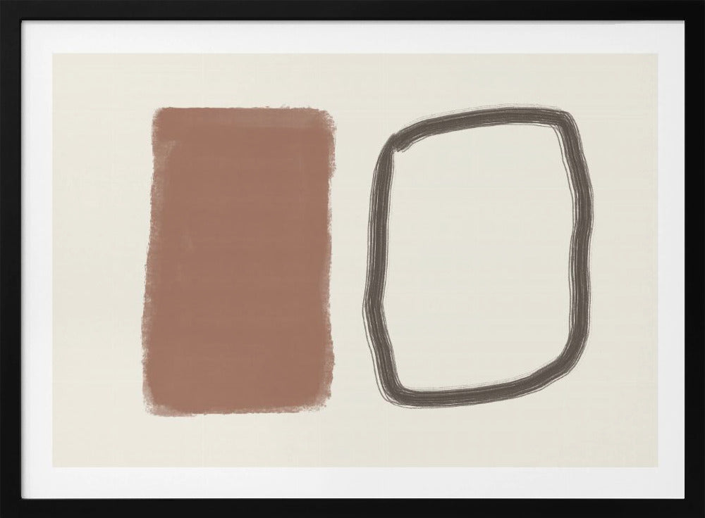 A minimalist abstract artwork in a silver frame, featuring a solid terracotta brown rectangle next to a hand-drawn, rounded rectangular outline in charcoal grey, both set against a cream background. Poster