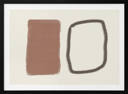 A minimalist abstract artwork in a silver frame, featuring a solid terracotta brown rectangle next to a hand-drawn, rounded rectangular outline in charcoal grey, both set against a cream background. Poster
