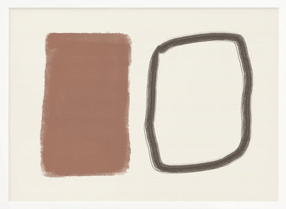 A minimalist abstract artwork in a silver frame, featuring a solid terracotta brown rectangle next to a hand-drawn, rounded rectangular outline in charcoal grey, both set against a cream background. Poster