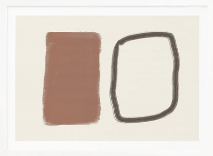 A minimalist abstract artwork in a silver frame, featuring a solid terracotta brown rectangle next to a hand-drawn, rounded rectangular outline in charcoal grey, both set against a cream background. Poster
