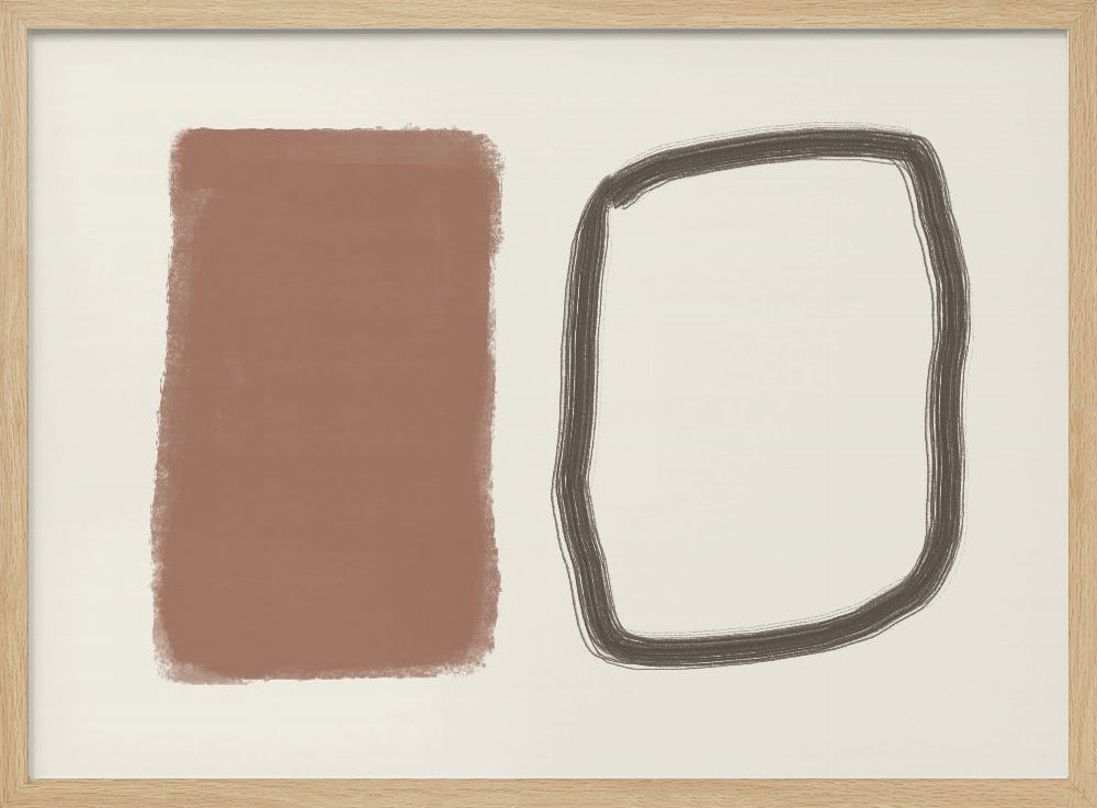A minimalist abstract artwork in a silver frame, featuring a solid terracotta brown rectangle next to a hand-drawn, rounded rectangular outline in charcoal grey, both set against a cream background. Poster