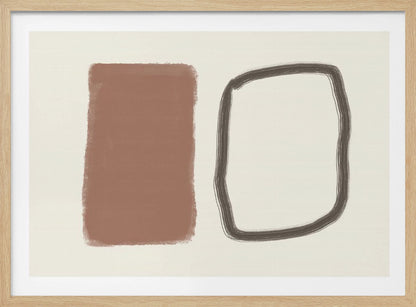 A minimalist abstract artwork in a silver frame, featuring a solid terracotta brown rectangle next to a hand-drawn, rounded rectangular outline in charcoal grey, both set against a cream background. Poster