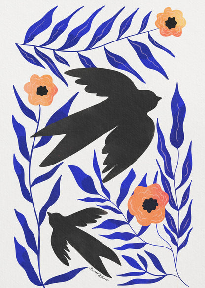 A graphic art print featuring two black bird silhouettes flying amidst stylized branches with bold cobalt blue leaves and three orange-peach flowers against a white background. Decor