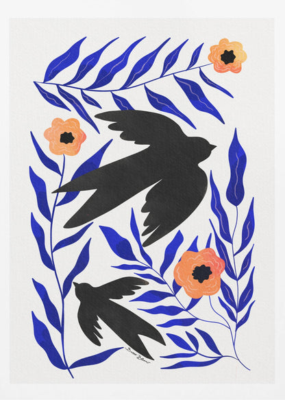 A graphic art print featuring two black bird silhouettes flying amidst stylized branches with bold cobalt blue leaves and three orange-peach flowers against a white background. Decor