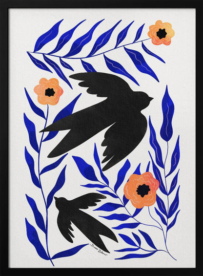 A graphic art print featuring two black bird silhouettes flying amidst stylized branches with bold cobalt blue leaves and three orange-peach flowers against a white background. Decor