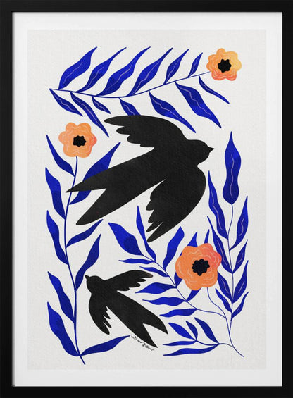 A graphic art print featuring two black bird silhouettes flying amidst stylized branches with bold cobalt blue leaves and three orange-peach flowers against a white background. Decor