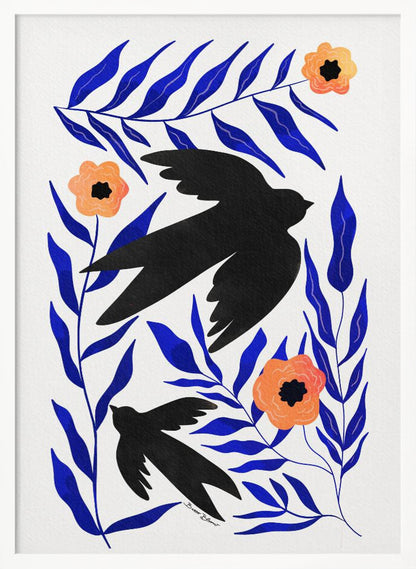 A graphic art print featuring two black bird silhouettes flying amidst stylized branches with bold cobalt blue leaves and three orange-peach flowers against a white background. Decor