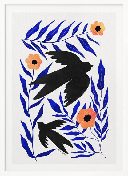 A graphic art print featuring two black bird silhouettes flying amidst stylized branches with bold cobalt blue leaves and three orange-peach flowers against a white background. Decor