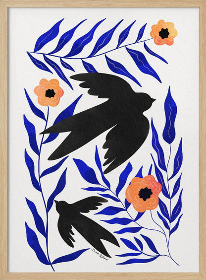 A graphic art print featuring two black bird silhouettes flying amidst stylized branches with bold cobalt blue leaves and three orange-peach flowers against a white background. Decor
