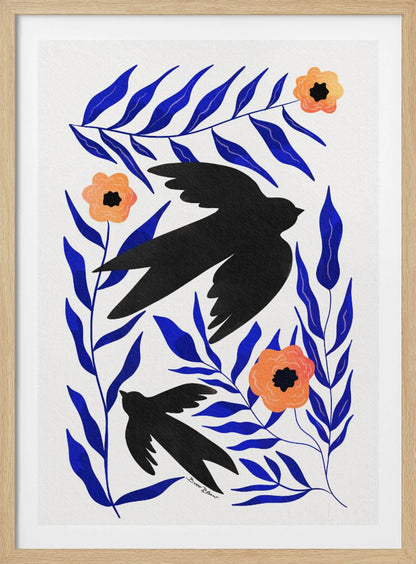 A graphic art print featuring two black bird silhouettes flying amidst stylized branches with bold cobalt blue leaves and three orange-peach flowers against a white background. Decor