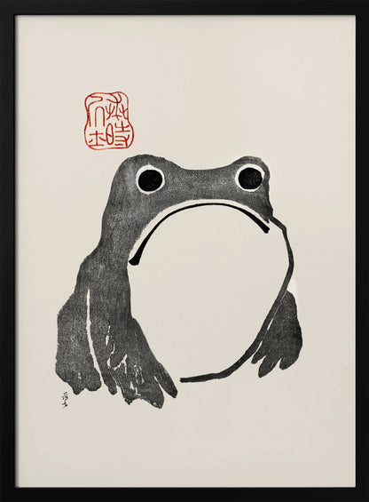 A minimalist Japanese-style ink wash painting of a stylized frog with a grumpy expression. The frog is rendered in black ink on a cream-colored paper, with a large white throat pouch. A red artist's seal is stamped above the frog's head. The artwork is presented in a simple black frame. Artwork