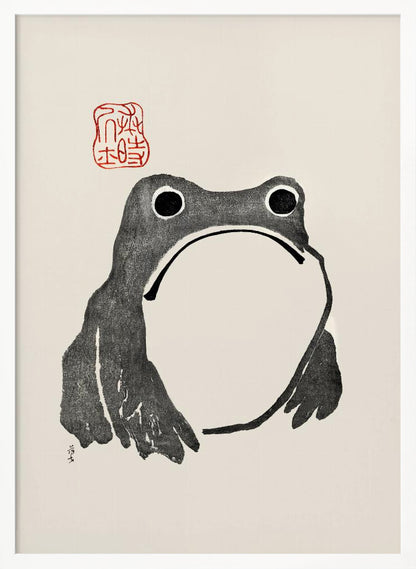 A minimalist Japanese-style ink wash painting of a stylized frog with a grumpy expression. The frog is rendered in black ink on a cream-colored paper, with a large white throat pouch. A red artist's seal is stamped above the frog's head. The artwork is presented in a simple black frame. Artwork