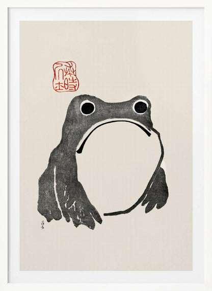 A minimalist Japanese-style ink wash painting of a stylized frog with a grumpy expression. The frog is rendered in black ink on a cream-colored paper, with a large white throat pouch. A red artist's seal is stamped above the frog's head. The artwork is presented in a simple black frame. Artwork