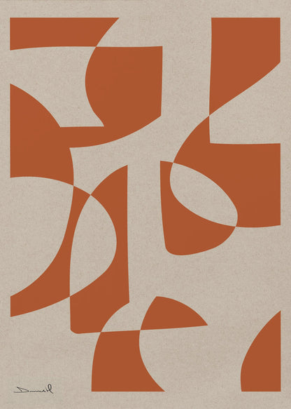 A framed abstract art piece with bold, burnt-orange shapes that are both curved and angular, overlapping on a textured, light beige background. A simple signature is in the bottom-left corner. Poster