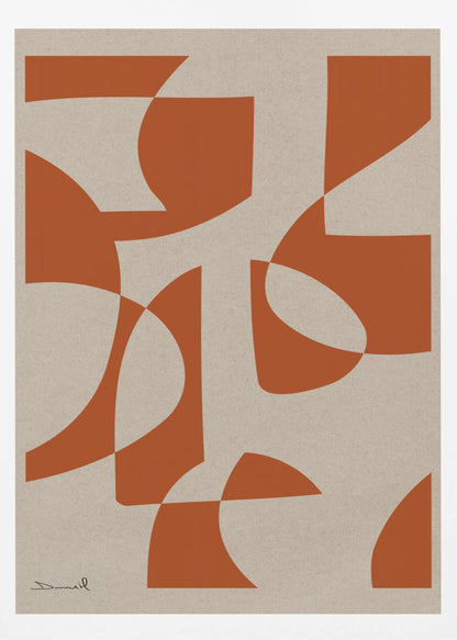 A framed abstract art piece with bold, burnt-orange shapes that are both curved and angular, overlapping on a textured, light beige background. A simple signature is in the bottom-left corner. Poster