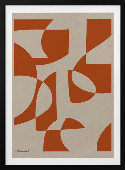 A framed abstract art piece with bold, burnt-orange shapes that are both curved and angular, overlapping on a textured, light beige background. A simple signature is in the bottom-left corner. Poster