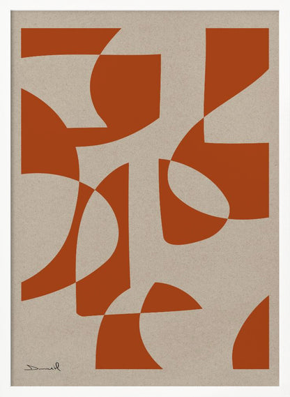 A framed abstract art piece with bold, burnt-orange shapes that are both curved and angular, overlapping on a textured, light beige background. A simple signature is in the bottom-left corner. Poster