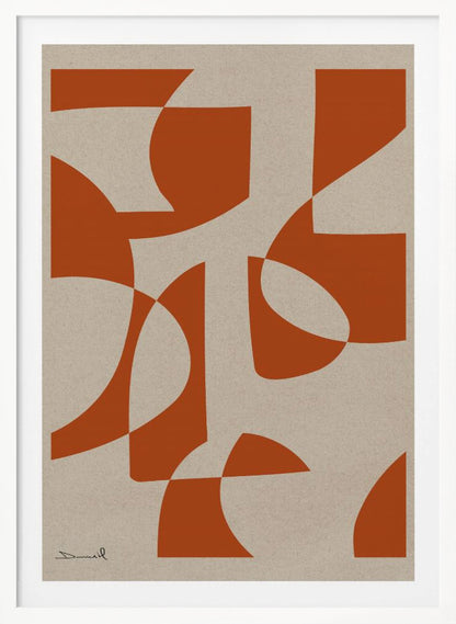 A framed abstract art piece with bold, burnt-orange shapes that are both curved and angular, overlapping on a textured, light beige background. A simple signature is in the bottom-left corner. Poster