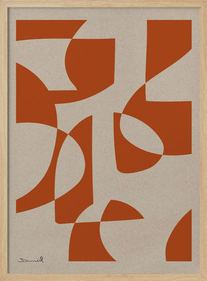 A framed abstract art piece with bold, burnt-orange shapes that are both curved and angular, overlapping on a textured, light beige background. A simple signature is in the bottom-left corner. Poster