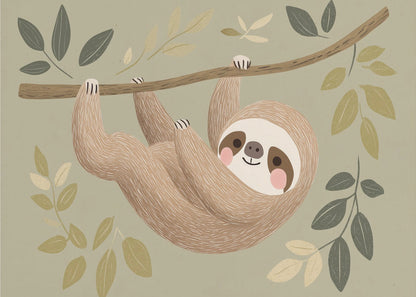 A cute, stylized illustration of a smiling brown sloth hanging upside down from a tree branch. The background is a soft sage green, adorned with various green and cream-colored leaves, creating a gentle and whimsical scene. Print