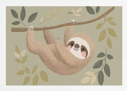 A cute, stylized illustration of a smiling brown sloth hanging upside down from a tree branch. The background is a soft sage green, adorned with various green and cream-colored leaves, creating a gentle and whimsical scene. Print
