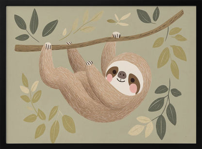 A cute, stylized illustration of a smiling brown sloth hanging upside down from a tree branch. The background is a soft sage green, adorned with various green and cream-colored leaves, creating a gentle and whimsical scene. Print