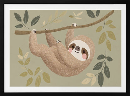 A cute, stylized illustration of a smiling brown sloth hanging upside down from a tree branch. The background is a soft sage green, adorned with various green and cream-colored leaves, creating a gentle and whimsical scene. Print
