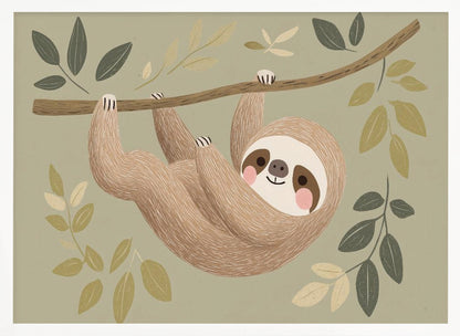 A cute, stylized illustration of a smiling brown sloth hanging upside down from a tree branch. The background is a soft sage green, adorned with various green and cream-colored leaves, creating a gentle and whimsical scene. Print