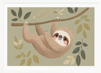 A cute, stylized illustration of a smiling brown sloth hanging upside down from a tree branch. The background is a soft sage green, adorned with various green and cream-colored leaves, creating a gentle and whimsical scene. Print