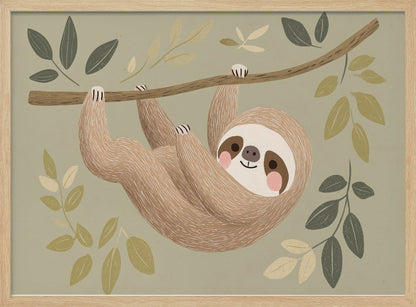 A cute, stylized illustration of a smiling brown sloth hanging upside down from a tree branch. The background is a soft sage green, adorned with various green and cream-colored leaves, creating a gentle and whimsical scene. Print