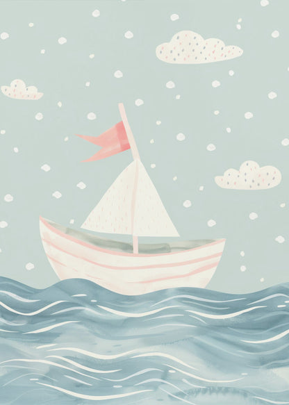 A whimsical illustration of a pink and white sailboat on a wavy blue sea. The sky is a soft, light blue with simple clouds and white polka dots, giving the art a dreamy, storybook feel. The entire piece is framed in black. Decor