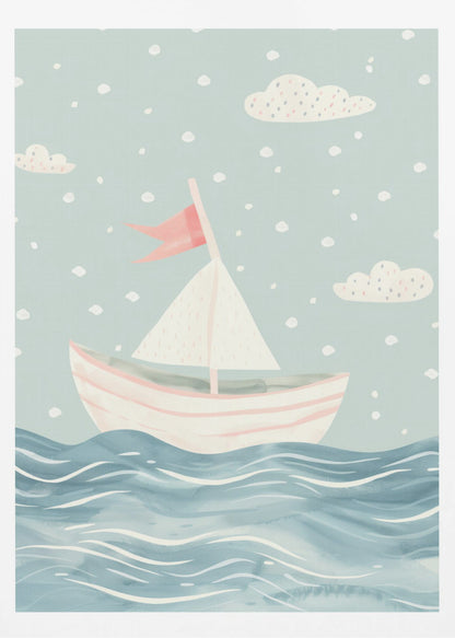 A whimsical illustration of a pink and white sailboat on a wavy blue sea. The sky is a soft, light blue with simple clouds and white polka dots, giving the art a dreamy, storybook feel. The entire piece is framed in black. Decor