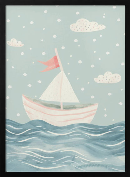 A whimsical illustration of a pink and white sailboat on a wavy blue sea. The sky is a soft, light blue with simple clouds and white polka dots, giving the art a dreamy, storybook feel. The entire piece is framed in black. Decor