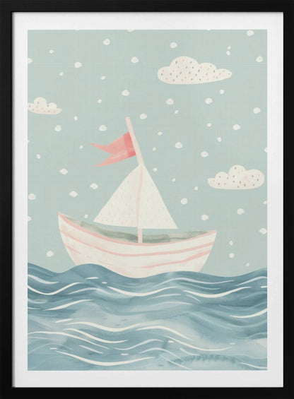 A whimsical illustration of a pink and white sailboat on a wavy blue sea. The sky is a soft, light blue with simple clouds and white polka dots, giving the art a dreamy, storybook feel. The entire piece is framed in black. Decor