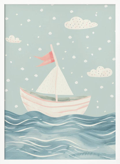 A whimsical illustration of a pink and white sailboat on a wavy blue sea. The sky is a soft, light blue with simple clouds and white polka dots, giving the art a dreamy, storybook feel. The entire piece is framed in black. Decor