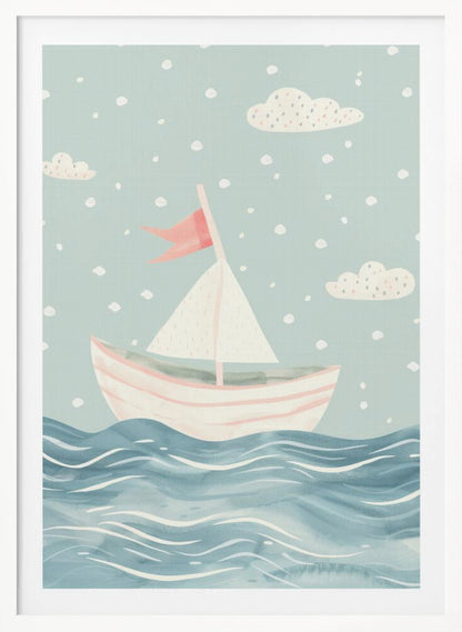 A whimsical illustration of a pink and white sailboat on a wavy blue sea. The sky is a soft, light blue with simple clouds and white polka dots, giving the art a dreamy, storybook feel. The entire piece is framed in black. Decor