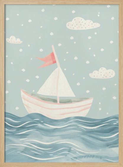 A whimsical illustration of a pink and white sailboat on a wavy blue sea. The sky is a soft, light blue with simple clouds and white polka dots, giving the art a dreamy, storybook feel. The entire piece is framed in black. Decor