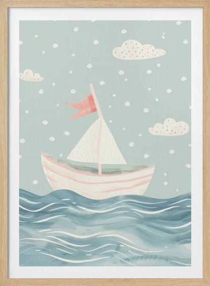 A whimsical illustration of a pink and white sailboat on a wavy blue sea. The sky is a soft, light blue with simple clouds and white polka dots, giving the art a dreamy, storybook feel. The entire piece is framed in black. Decor