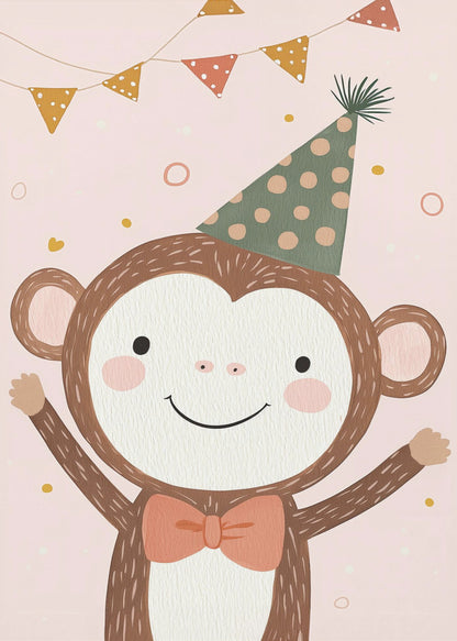 A whimsical illustration of a happy cartoon monkey wearing a green polka-dot party hat and a salmon-colored bow tie. The monkey is smiling with its arms raised in celebration against a light pink background with confetti and a string of party bunting overhead. The artwork has a textured, painted look and is enclosed in a black frame. Poster