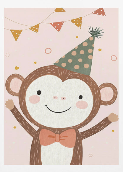 A whimsical illustration of a happy cartoon monkey wearing a green polka-dot party hat and a salmon-colored bow tie. The monkey is smiling with its arms raised in celebration against a light pink background with confetti and a string of party bunting overhead. The artwork has a textured, painted look and is enclosed in a black frame. Poster