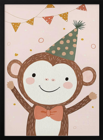 A whimsical illustration of a happy cartoon monkey wearing a green polka-dot party hat and a salmon-colored bow tie. The monkey is smiling with its arms raised in celebration against a light pink background with confetti and a string of party bunting overhead. The artwork has a textured, painted look and is enclosed in a black frame. Poster