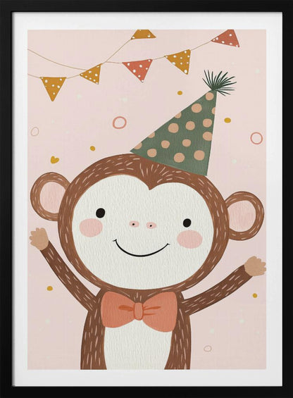 A whimsical illustration of a happy cartoon monkey wearing a green polka-dot party hat and a salmon-colored bow tie. The monkey is smiling with its arms raised in celebration against a light pink background with confetti and a string of party bunting overhead. The artwork has a textured, painted look and is enclosed in a black frame. Poster