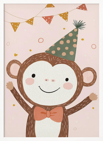 A whimsical illustration of a happy cartoon monkey wearing a green polka-dot party hat and a salmon-colored bow tie. The monkey is smiling with its arms raised in celebration against a light pink background with confetti and a string of party bunting overhead. The artwork has a textured, painted look and is enclosed in a black frame. Poster