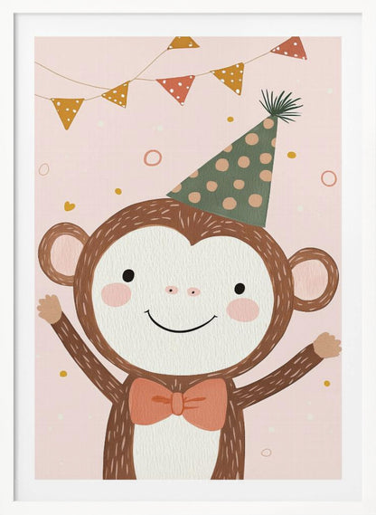 A whimsical illustration of a happy cartoon monkey wearing a green polka-dot party hat and a salmon-colored bow tie. The monkey is smiling with its arms raised in celebration against a light pink background with confetti and a string of party bunting overhead. The artwork has a textured, painted look and is enclosed in a black frame. Poster