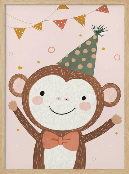 A whimsical illustration of a happy cartoon monkey wearing a green polka-dot party hat and a salmon-colored bow tie. The monkey is smiling with its arms raised in celebration against a light pink background with confetti and a string of party bunting overhead. The artwork has a textured, painted look and is enclosed in a black frame. Poster