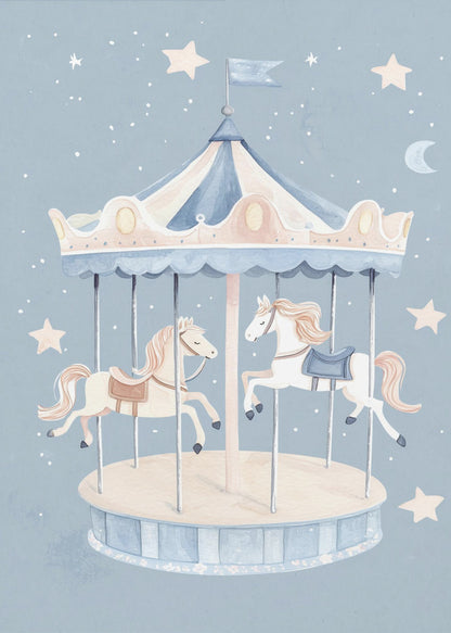 A whimsical watercolor illustration of a carousel with two horses against a soft blue background dotted with stars and a crescent moon. The merry-go-round has a blue and cream striped canopy. Print