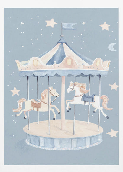 A whimsical watercolor illustration of a carousel with two horses against a soft blue background dotted with stars and a crescent moon. The merry-go-round has a blue and cream striped canopy. Print
