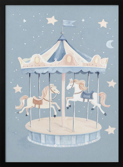 A whimsical watercolor illustration of a carousel with two horses against a soft blue background dotted with stars and a crescent moon. The merry-go-round has a blue and cream striped canopy. Print
