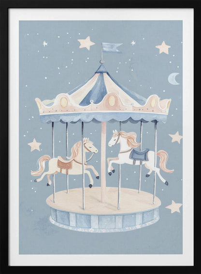 A whimsical watercolor illustration of a carousel with two horses against a soft blue background dotted with stars and a crescent moon. The merry-go-round has a blue and cream striped canopy. Print